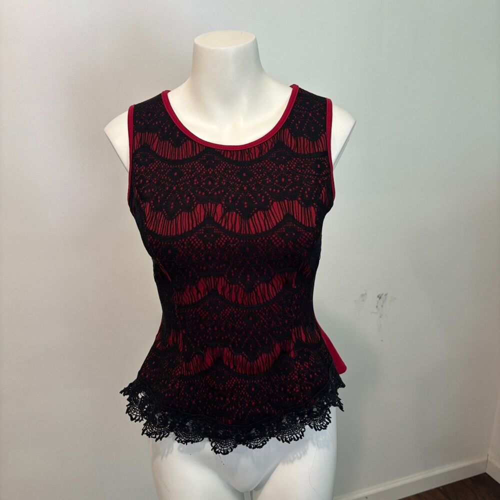 A'Gaci size Small made in USA Black Crochet Overlay Red Vampy Peplum Tank Top